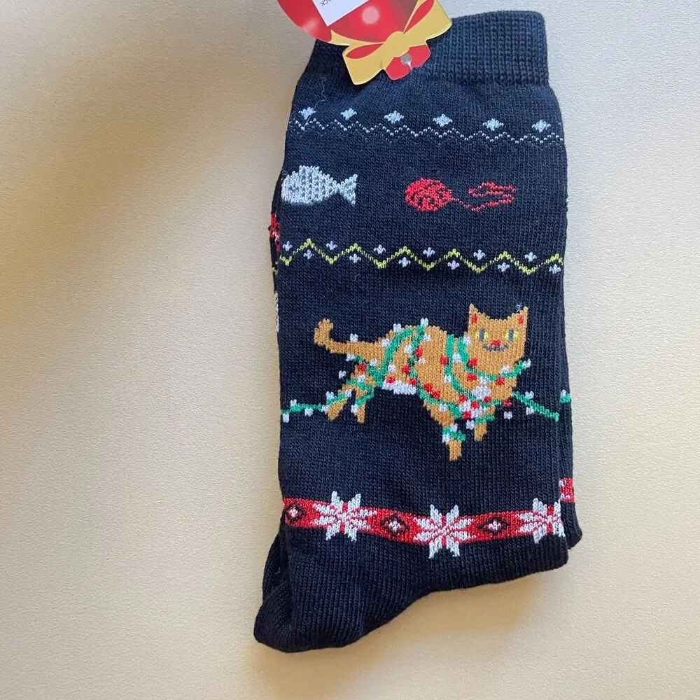 New Shine Socks Cat with Lights Fish Christmas Tree Holiday Black NWT